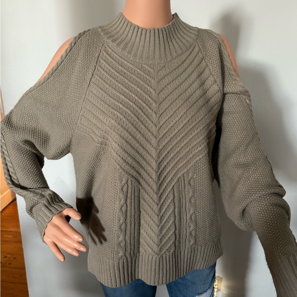 Cold Shoulder Knit Sweater - Neutral Taupe  Size Large